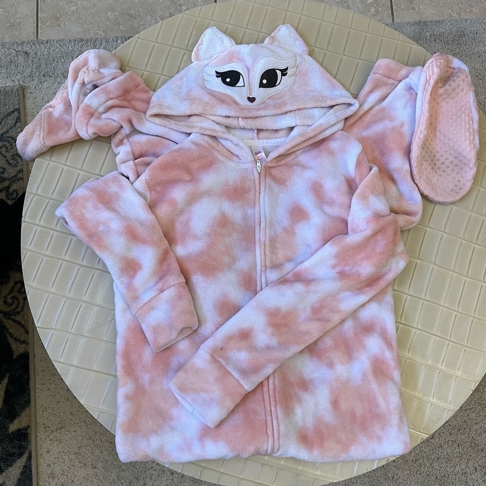 Justice Sparkly Fox Zip Onesie Detachable Feet Grips & Detachable Tail! Sz 18-20